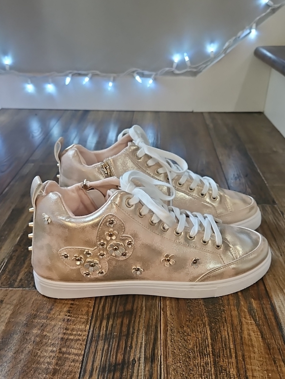 Comfort Est 1946 Metallic Rose Gold High-Top Sneakers W/ Butterfly Embelishments